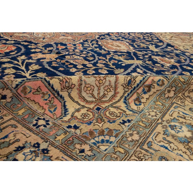 Navy Blue Medallion Antique Wool Rug Persian Tabriz in Navy Blue For Sale - Image 8 of 9