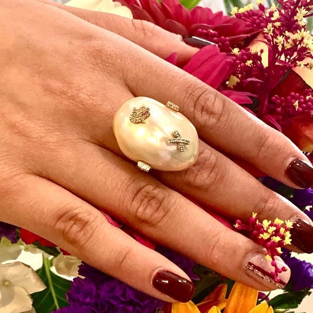 Diamond Freshwater Pearl Ring 14Karat Gold Baroque Women 33.45 mm Certified For Sale - Image 9 of 9