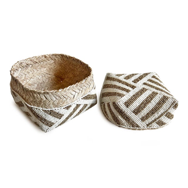 Vintage Bamboo Beaded Tan & White Striped Box Small For Sale - Image 4 of 9