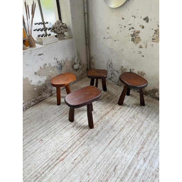 Brutalist Oak Tripod Stools, 1960s, Set of 4 For Sale - Image 13 of 18