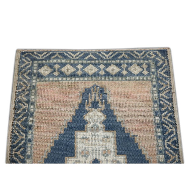 Traditional 1960s Pink & Blue Geometric Design Handwoven Wool Vintage Turkish Mini Rug 1'9" X 3'3" For Sale - Image 3 of 5