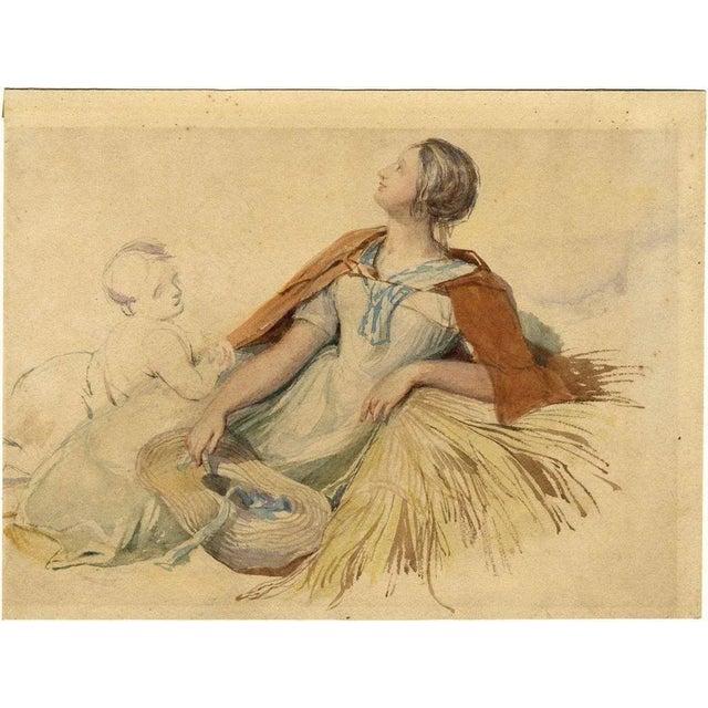 An original early 19th-century watercolour painting, Joshua Cristall POWS, Mother & Child by Haystack.A charming rustic...