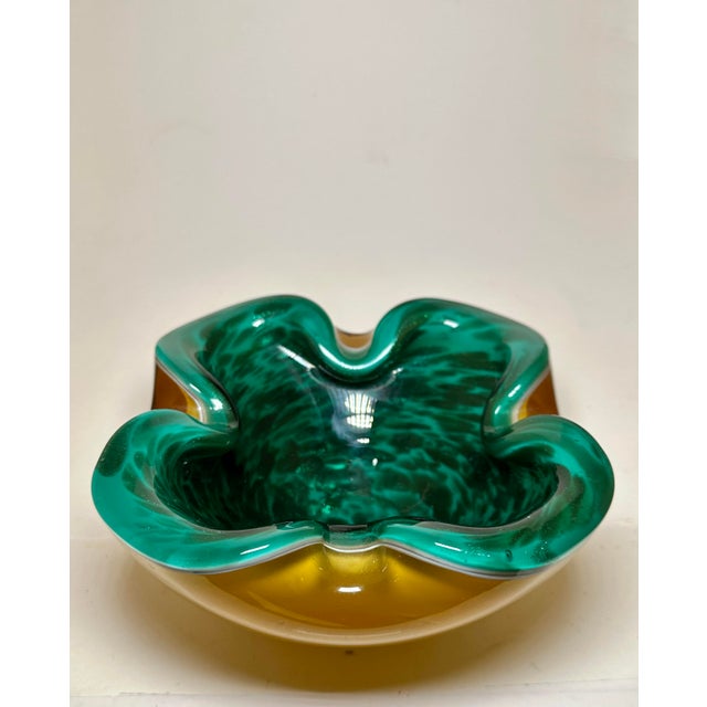 Murano Mid 20th Century Emerald Green & Yellow Murano Attributed Glass Dish/Ashtray For Sale - Image 4 of 6