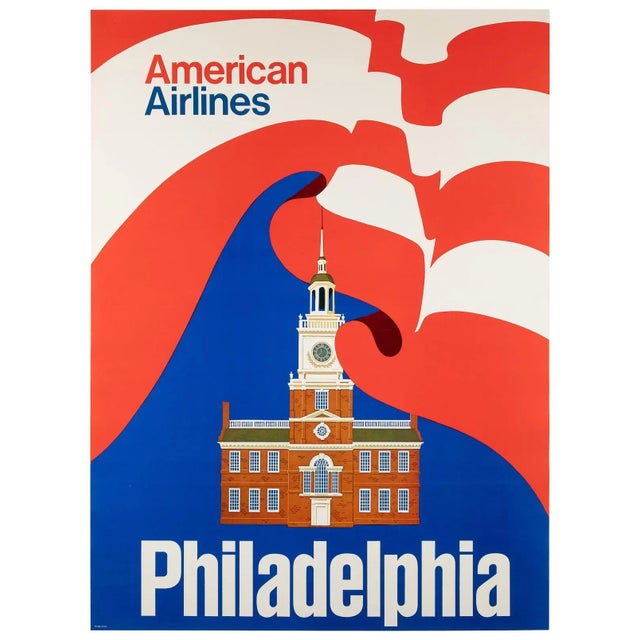 This is an original American Airlines travel poster from the 1960s advertising Philadelphia as one of their alluring...