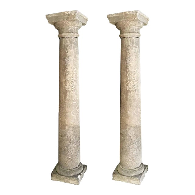 Columns Antique Limestone - French Doric Style - A Pair For Sale
