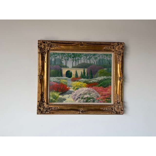 1990's Joe Yu Impressionist Garden Entrance Landscape Oil on Canvas Painting – Framed For Sale - Image 11 of 12