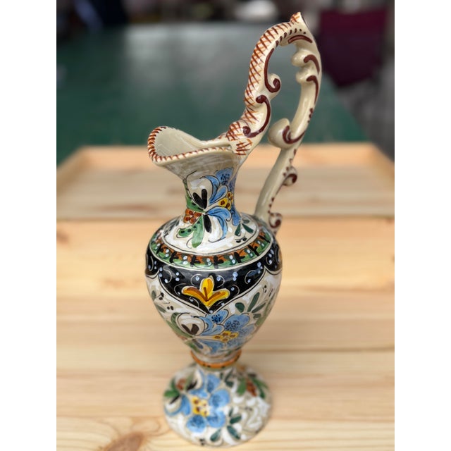 Late 20th Century Hand-Painted Rouen Faience Pitcher With Floral Motifs and Ornate Handle. For Sale In Jacksonville, FL - Image 6 of 8