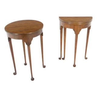 Pair Walnut Baker Demilune Flip Top Round End Side Console Occasional Table MINT For Sale