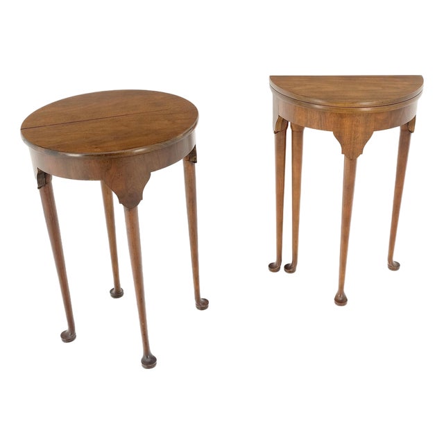 Pair Walnut Baker Demilune Flip Top Round End Side Console Occasional Table MINT For Sale