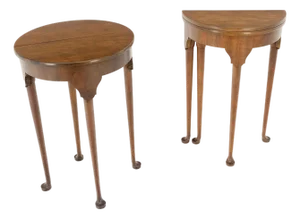 Pair Walnut Baker Demilune Flip Top Round End Side Console Occasional Table MINT