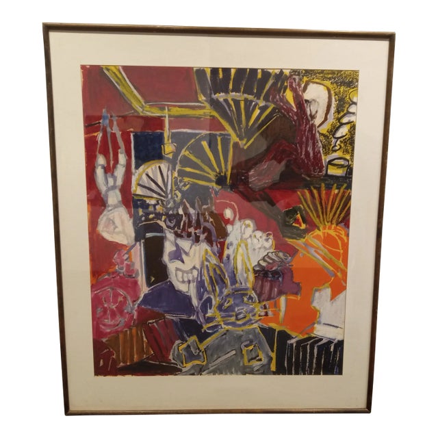 Vintage Work on Paper Phased Props Molly Schiff Framed Painting For Sale