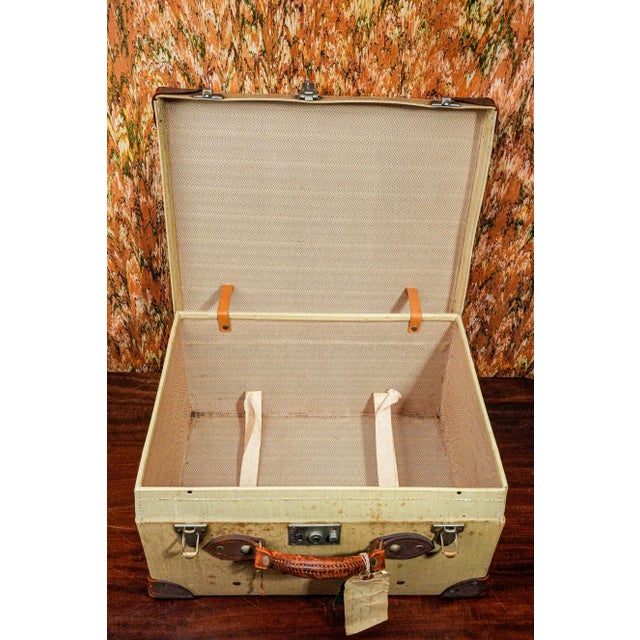 Cream Decorative 1930s Travel Trunk Luggage Suitcase Antique Leather Canvas Travel Home Decor Storage For Sale - Image 8 of 15