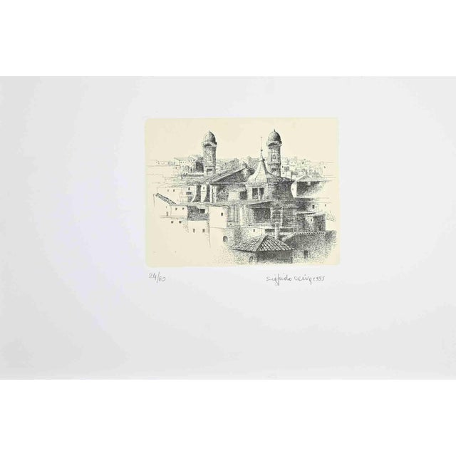 Sigfrido Oliva, View of Rome from Pincio with Two Belltowers, Etching, 1995 For Sale