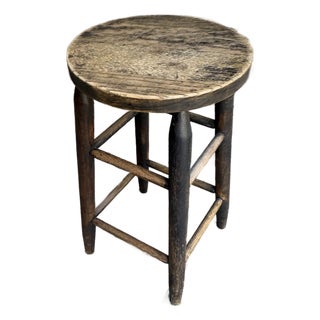 Vintage Rustic Counter-Height Stool — 24″ Tall Round Seat, Hand-Turned Legs For Sale