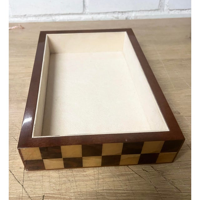 “Ercolano” Wood and faux Suede Jewelry Tray/Box Very chic Jewelry Tray/Box with a classic checkered design of inlaid wood...