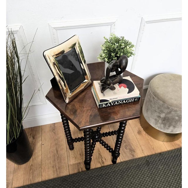 Antique Italian Hexagonal Walnut Side Table with Bobbin Turned Legs, 1890s For Sale - Image 4 of 11