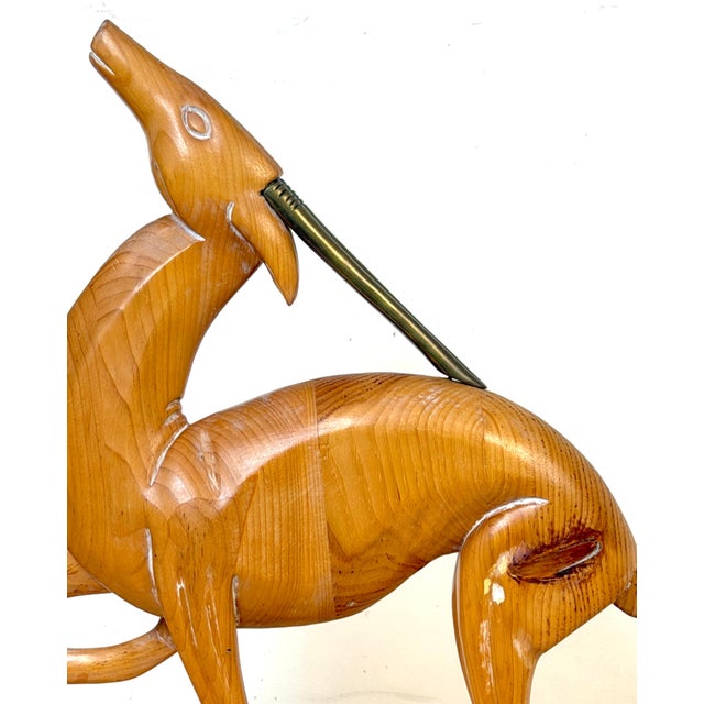 Wood Italian Carved Limed Pine & Brass Deer Sculpture, 1970s For Sale - Image 7 of 18