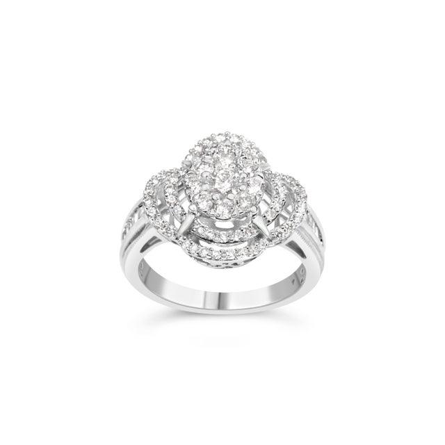 Early 21st Century 14K White Gold 1.0 Cttw Round & Baguette Cut Diamond Floral Cluster Quatrefoil Channel Set Band Cocktail Statement Ring - Size 7 For Sale - Image 5 of 7