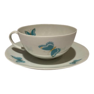 Vintage Butterfly Tea Cup & Saucer Jean Luce Arzberg German Blue Turquoise Gold Accents For Sale