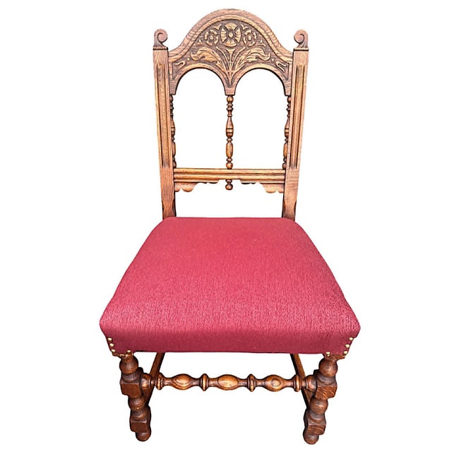 Elegant Antique Spanish Revival Carved Oak Dining Chairs With New Burgundy Seat Upholstery - Set of 4 - Circa 1920s. 20" w...