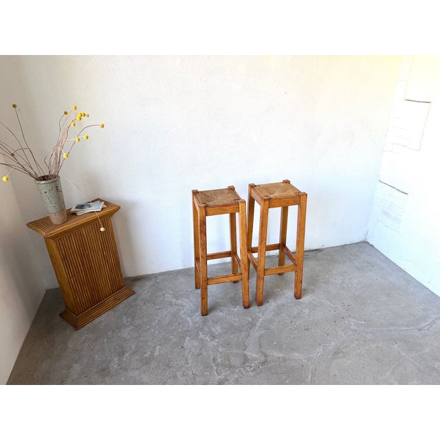 Brutalist High Stool in Wood and Woven Straw, 1960s For Sale - Image 9 of 15