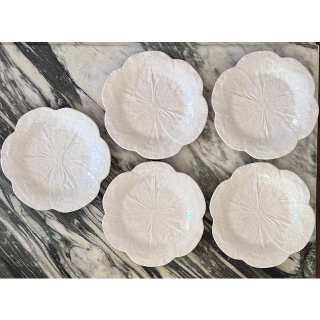 1990s Vintage Bordallo Pinheiro Cabbage White Luncheon Plates, Rimmed - Set of 5 For Sale - Image 5 of 8