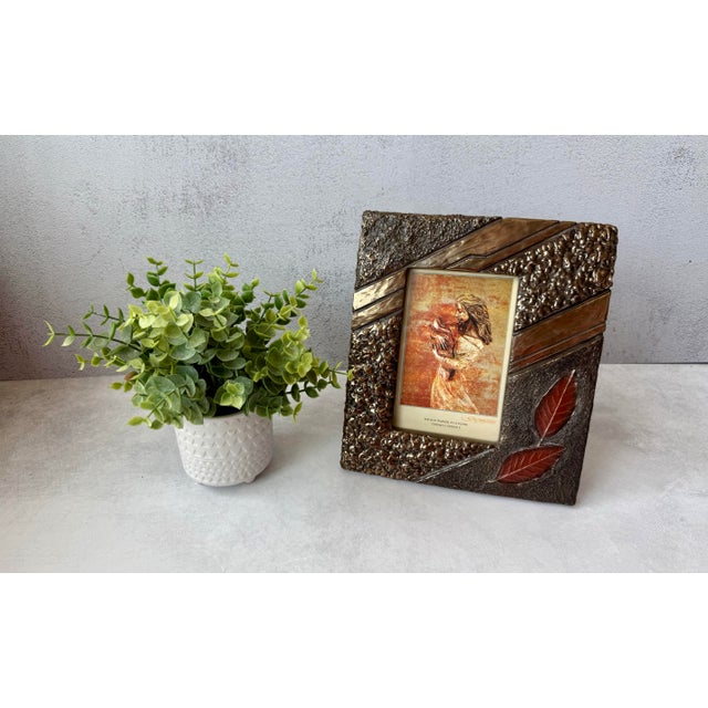 Early 21st Century Textured Mixed Metal 4” X 6” Photo Frame Brutalist Style Autumn Leaves For Sale - Image 5 of 12