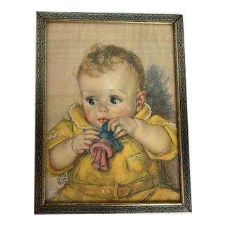 1940s Vintage Maud Tousey Fangel Lithograph Print of Baby Framed in Gold Colored Metal Frame For Sale