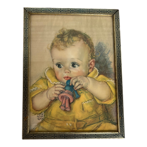 1940s Vintage Maud Tousey Fangel Lithograph Print of Baby Framed in Gold Colored Metal Frame