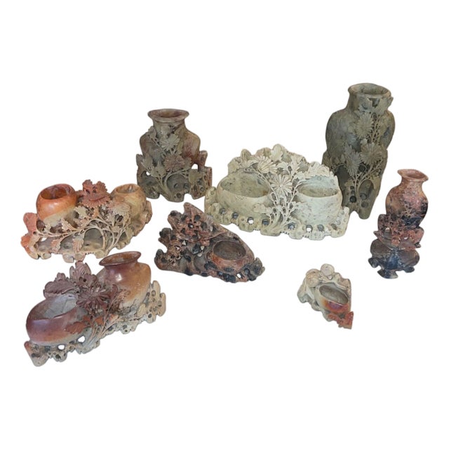 Eight Vintage Chinese Soapstone Carved Brush Pots & Vessels. Early 20th Century. For Sale