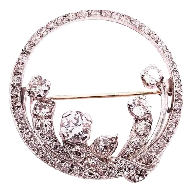 Antique 14 Karat Pin or Brooch in White Gold Diamond Circle For Sale