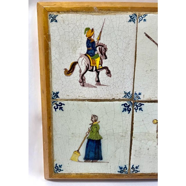 Antique Harkem Dutch tile plaque with eight mounted tiles with cork backing on the reverse side. Each tile depicts a...