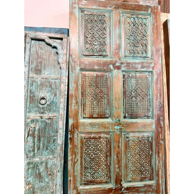 Antique Blue Carved Reclaimed Wood Barn Door – Vintage Architectural Accent 96x36 For Sale In Orlando - Image 6 of 10