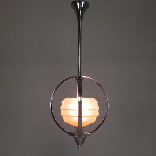 Art Deco Pendant Lamp with Glass Shade and Chrome Frame, 1930s For Sale - Image 3 of 18