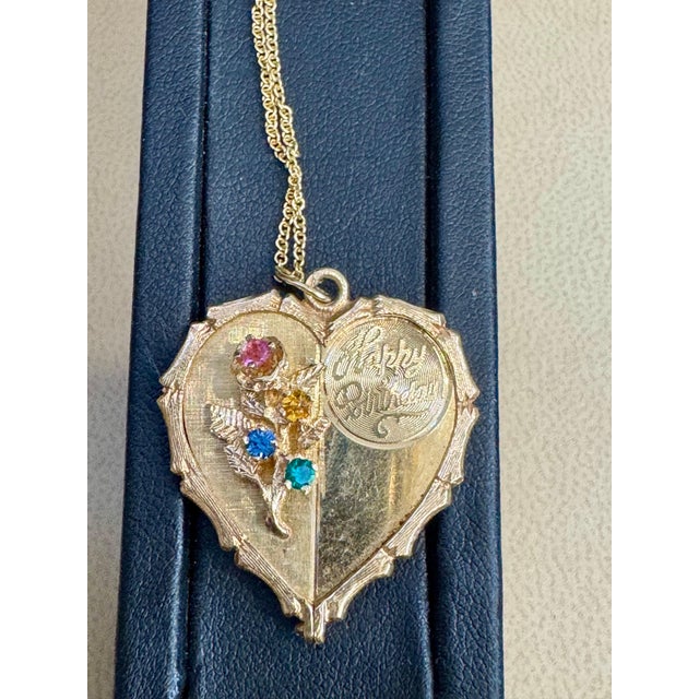 2000 - 2009 Vintage 14 Kt Y Gold Heart Happy Birthday Pendant + Emerald + Sapphire + Chain For Sale - Image 5 of 18