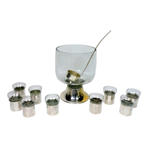 1980s Pm Italy Mid Century Modern Silver Plate & Glass Punch Bowl Set- 11 Pieces
