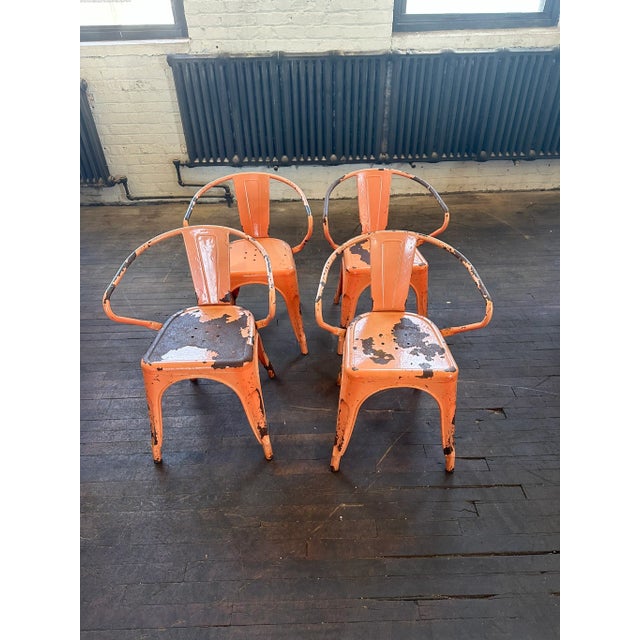 Mid-Century Modern Vintage Tolix Style Stackable Dining Side Chair in Distressed Orange For Sale - Image 3 of 10