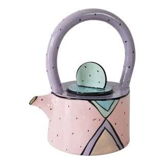 1980's Vintage Postmodern Hand Painted Sculptural Ceramic Pitcher, Signed For Sale