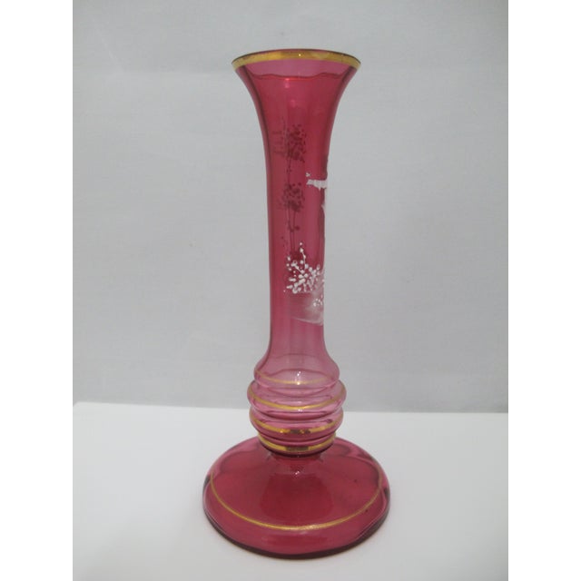 Mary Gregory Czech Red Glass Painted Enamel Boy With Bird Skinny Bud Vase For Sale - Image 4 of 10