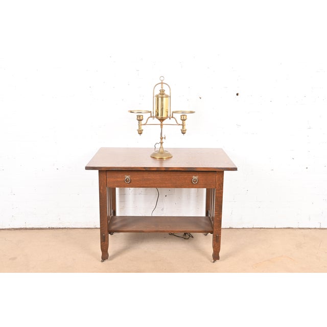 Antique Tiffany Studios Style Brass Double Arm Student Lamp, Circa 1910 For Sale - Image 9 of 12