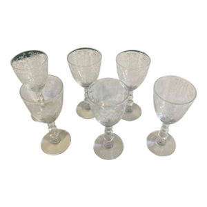 Vintage Duncan Miller Etched Crystal Wine Glasses With Floral Design- Set of 6
