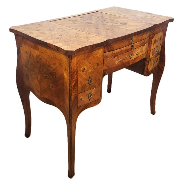French Antique French 19th C Louis XV Inlaid Tulipwood Poudre Vanity Lady Writing Desk For Sale - Image 3 of 18