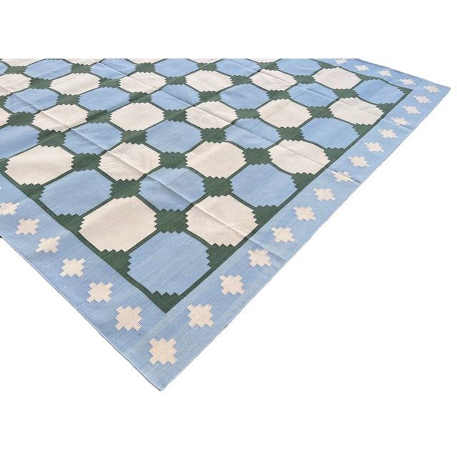 Not Yet Made - Made To Order Handmade Cotton Rug Vegetable Dyed Sky Blue and Green Tile Pattern Gingham Dhurrie - 12'x15' For Sale - Image 6 of 11