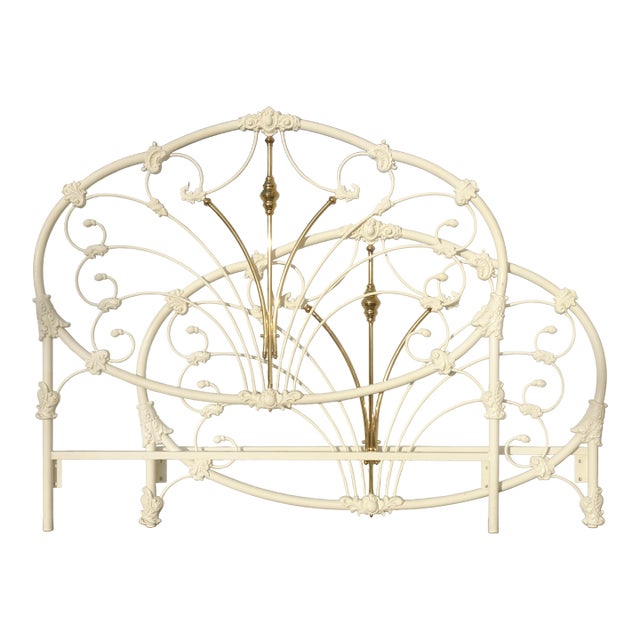Vintage French Elliott's Designs White Gold Iron Queen Headboard W Footboard #2 For Sale