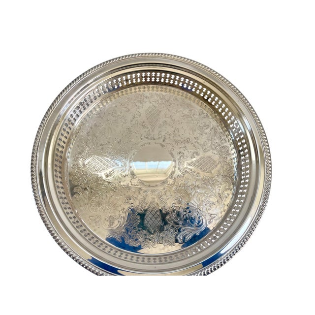 Metal Vintage Gorham Etched Silver Plate Pierced Gallery Serving Tray For Sale - Image 7 of 9