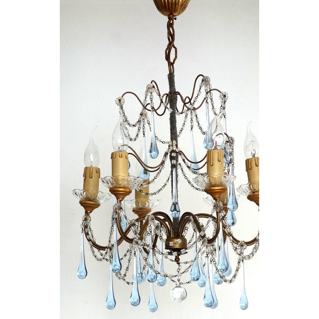 Antique Gilded Metal Murano Glass Drop Six-Light Chandelier, 1930s For Sale - Image 3 of 14