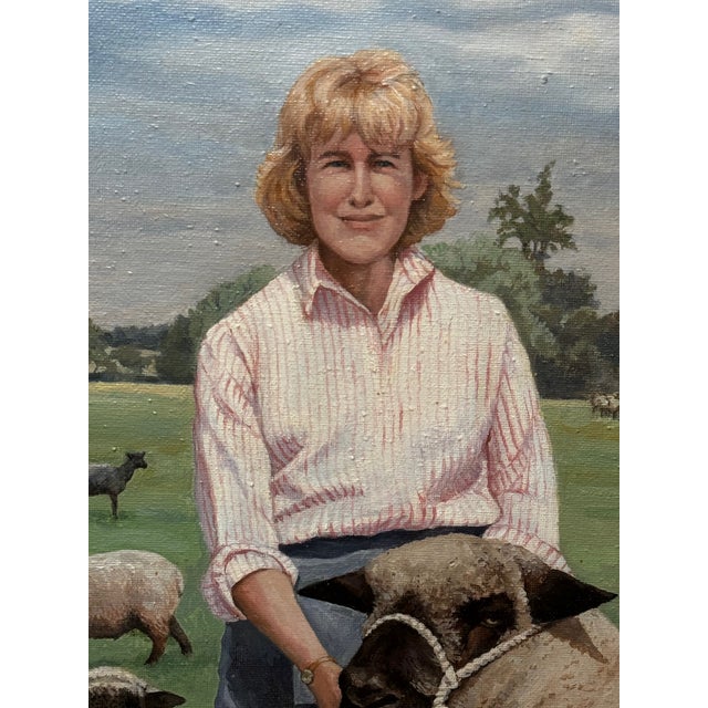 Wood Historic British Portrait Oil Painting Camilla Parker Bowles Wiltshire Farm Prized Sheep & Horses, F For Sale - Image 7 of 12