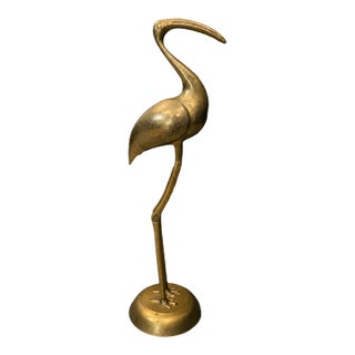 Vintage Handcrafted Brass Crane Sculpture, Mid-Century Modern Hollow Brass Heron Statue For Sale