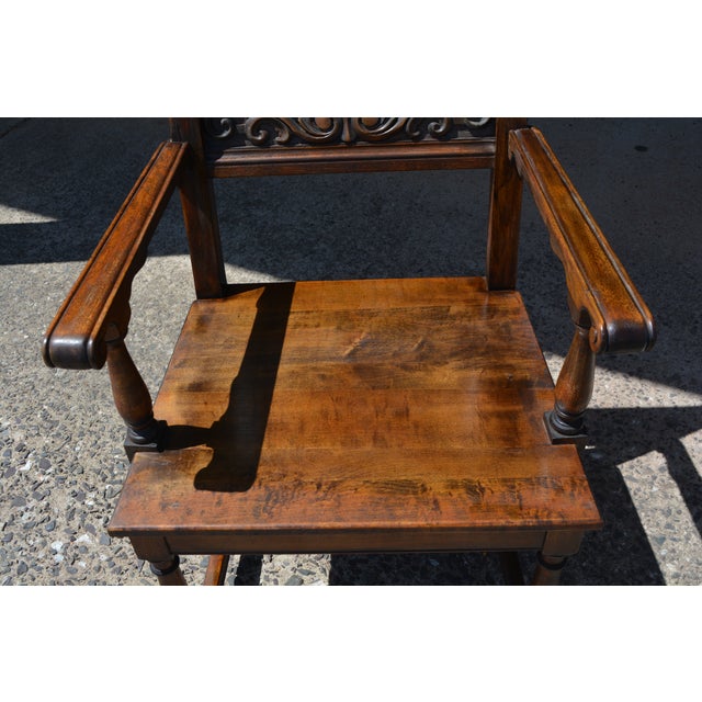 This chair is in good condition overall. Looks like pegged construction & quite heavy/solid, probably oak. Carved upper...