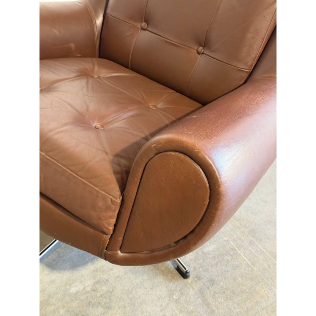 Dark Brown Tufted Leather Swivel Lounge Chair Danish Mid-Century Modern 1970s For Sale - Image 9 of 9